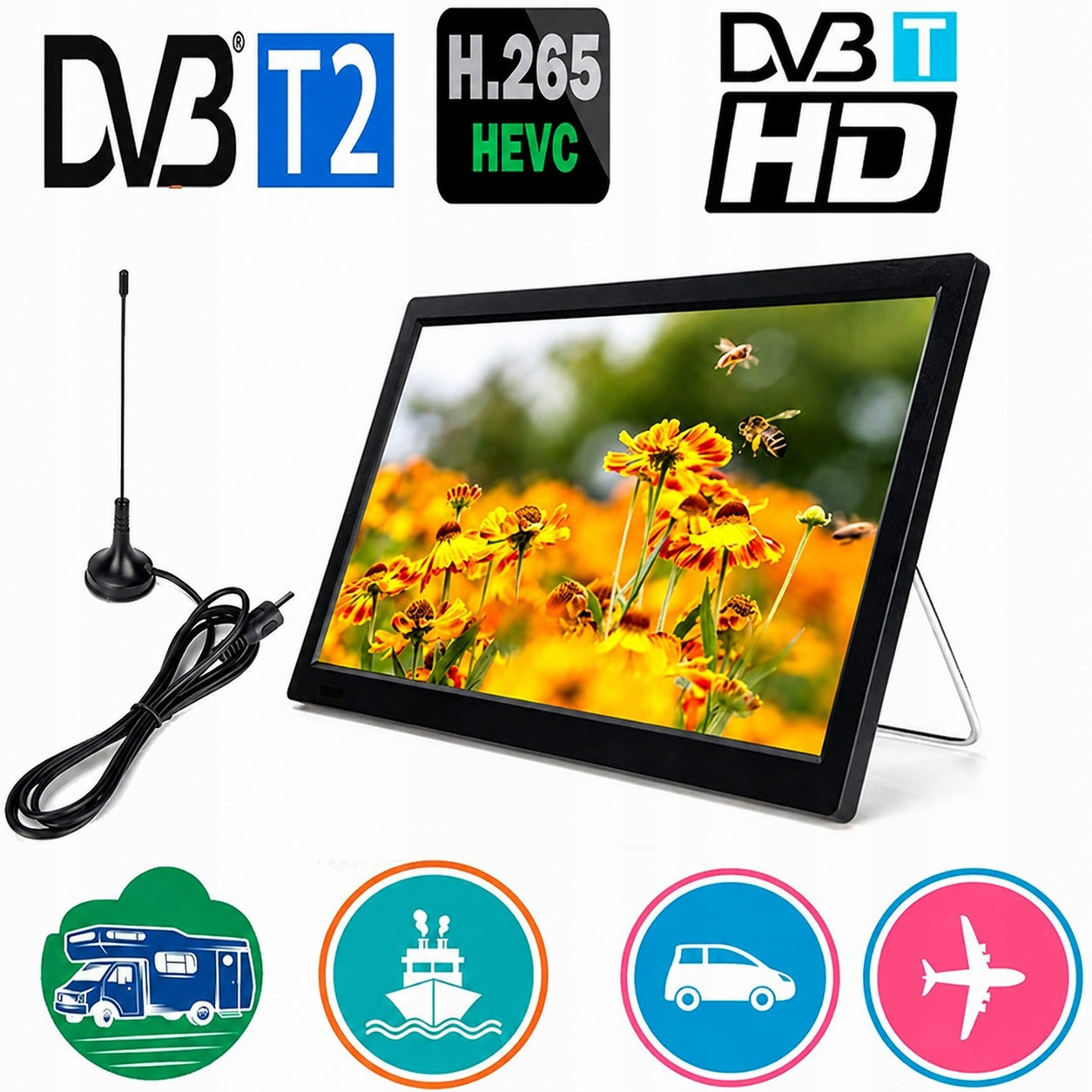 CAR PORTABLE TV 14" 12V/24V/230V DVB-T2 MOTORHOME Manufacturer code 3245
