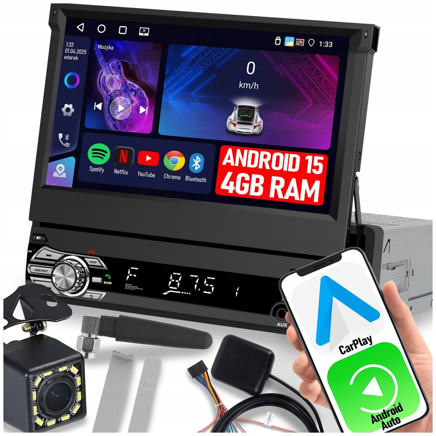 CAR RADIO 1 DIN 7'' CARPLAY ANDROID WIFI RDS RETRACTABLE SCREEN 4GB RAM