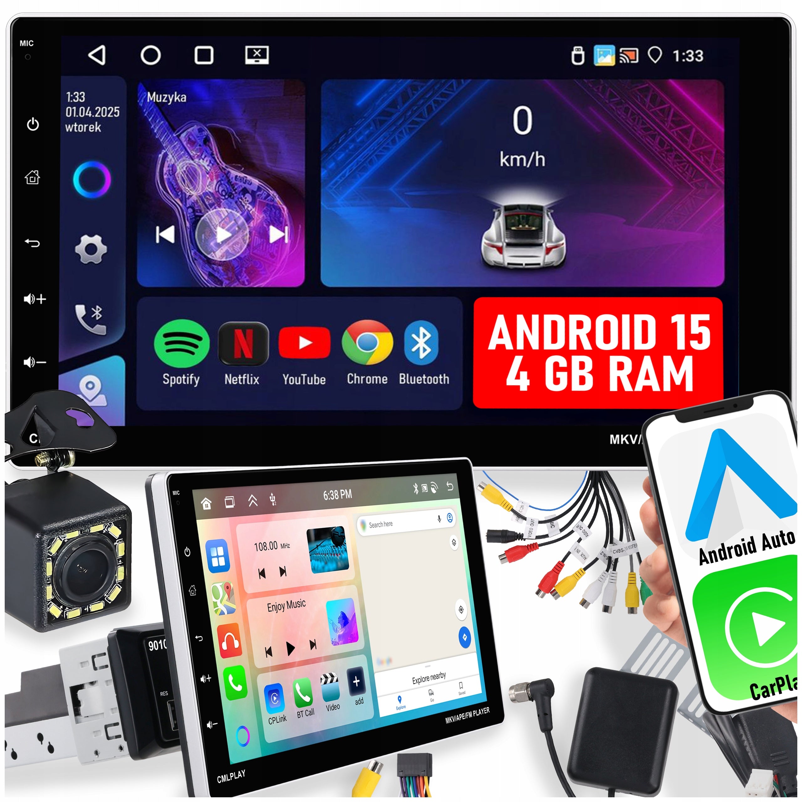 CAR RADIO 1 DIN CARPLAY ANDROID 15 WIFI GPS TOUCH 4GB RAM 9''