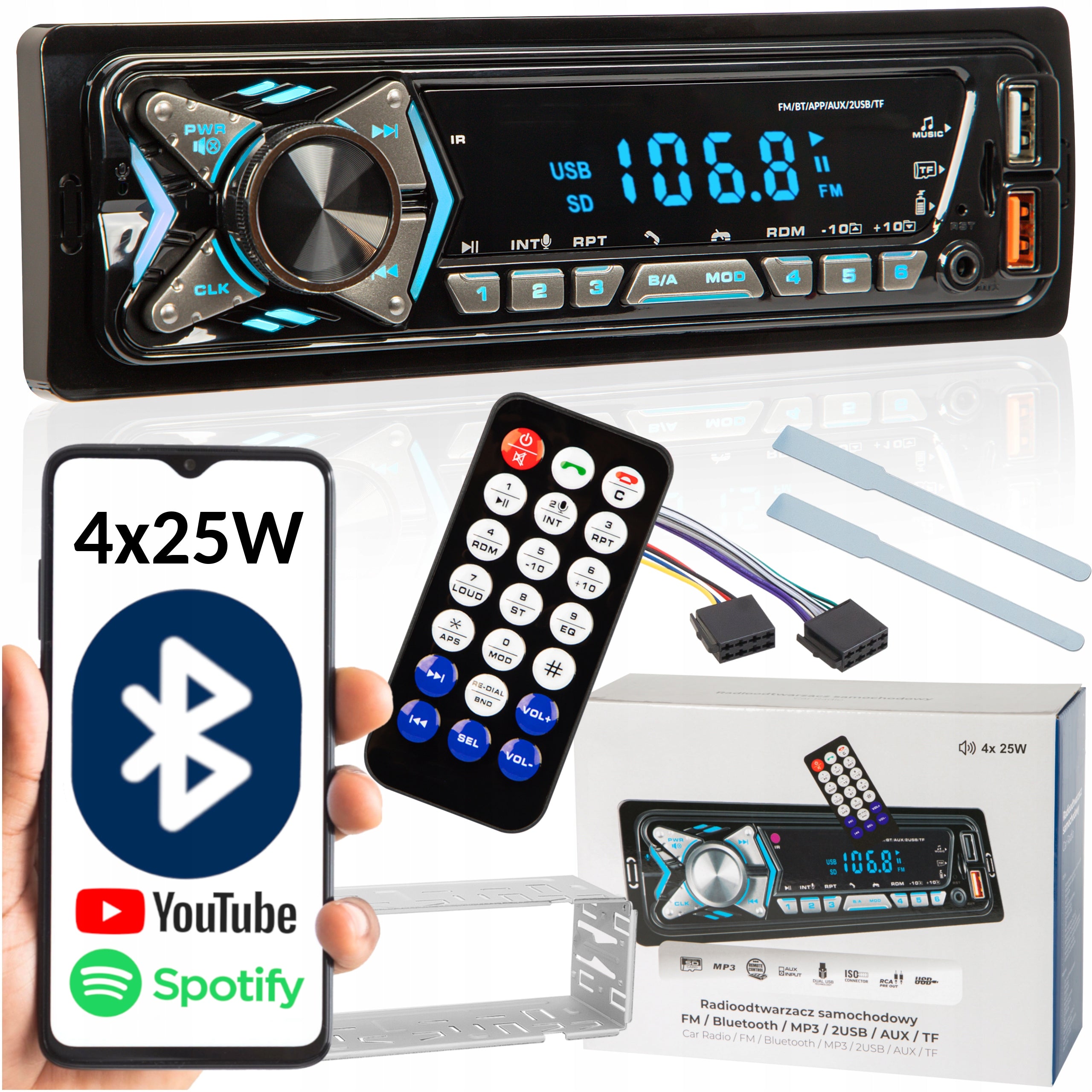 CAR RADIO BLUETOOTH 1-DIN USB AUX SD MICROPHONE REMOTE CONTROL BATTERY