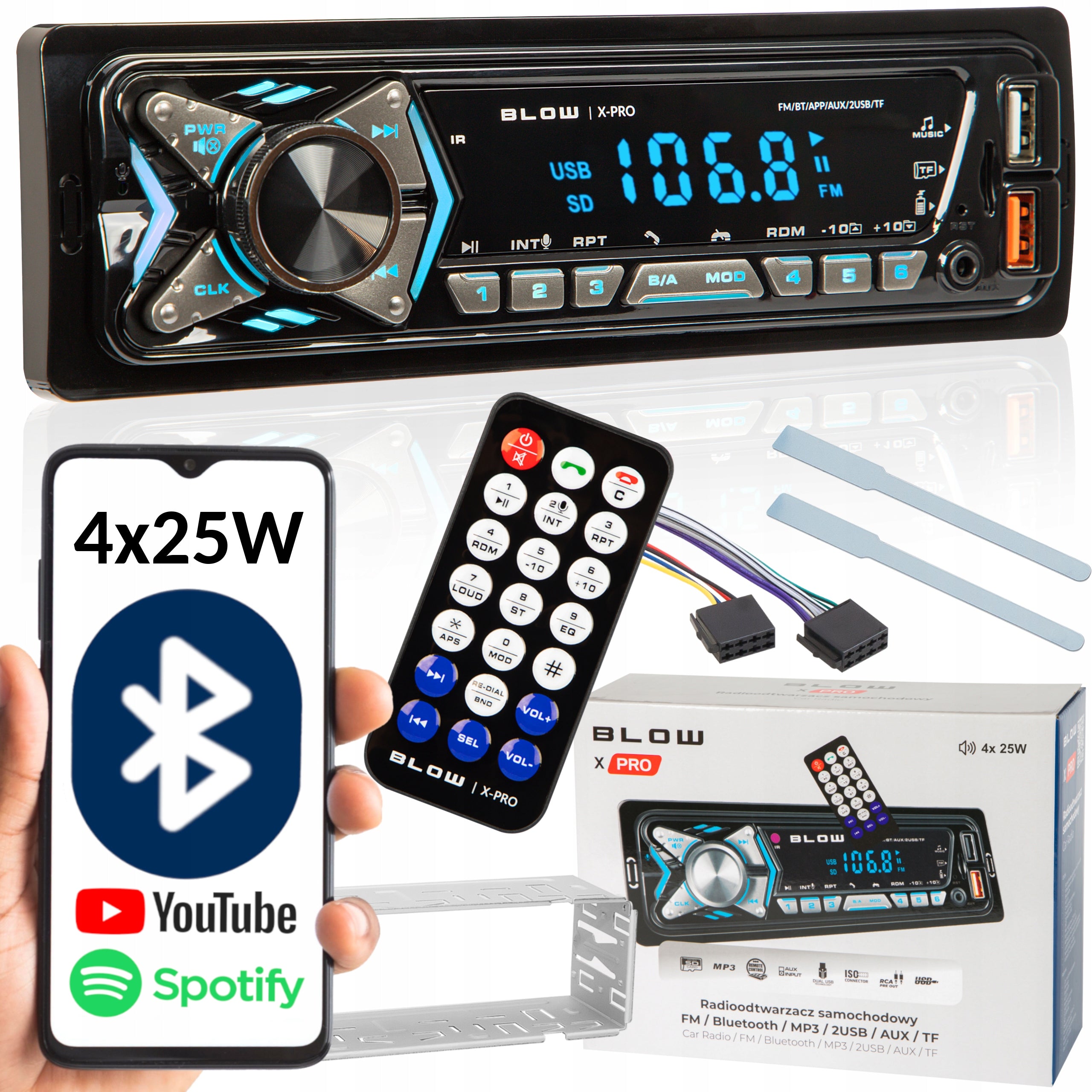CAR RADIO BLUETOOTH 1-DIN USB AUX SD MICROPHONE REMOTE CONTROL BATTERY