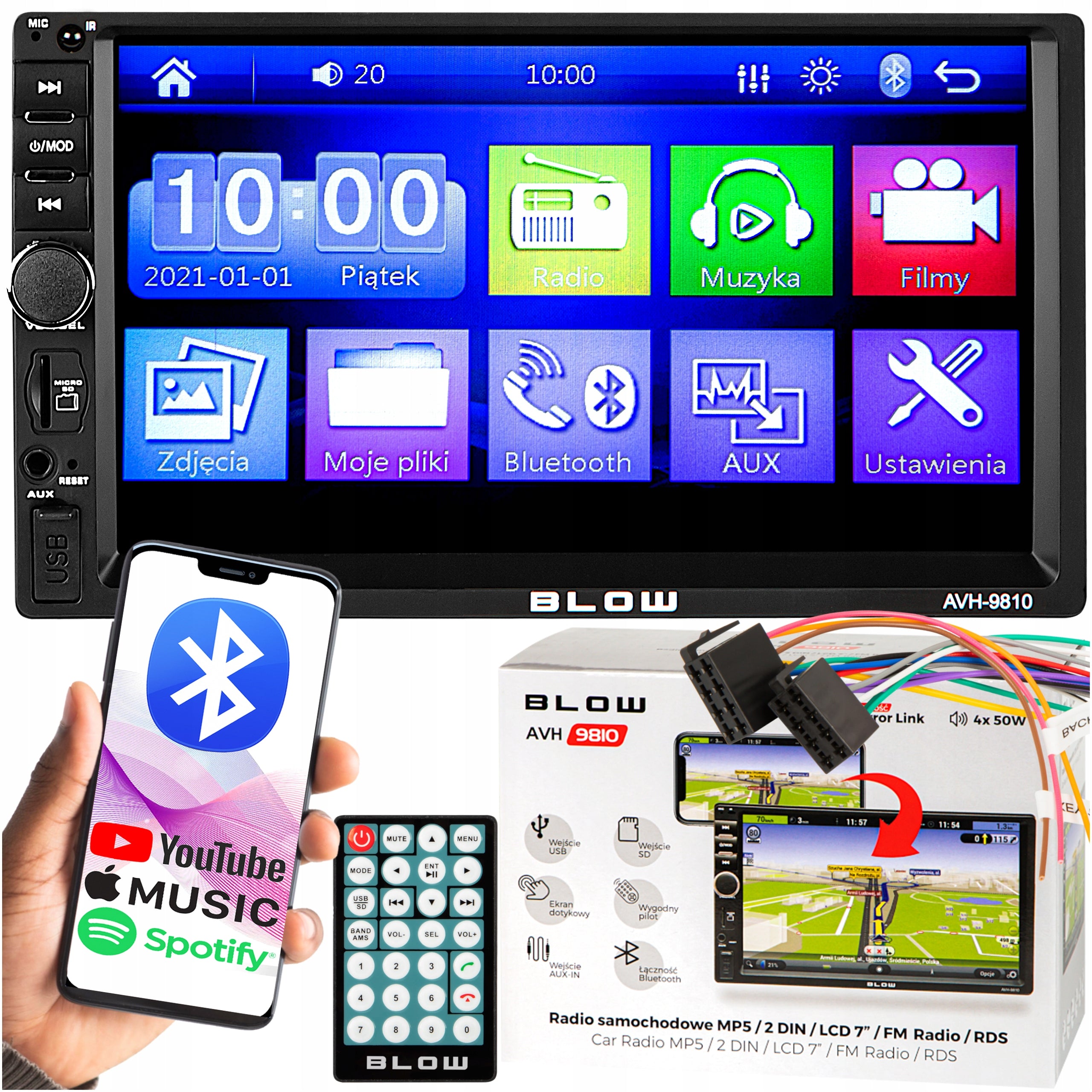 CAR RADIO BLUETOOTH 2 DIN 7 INCH RDS USB AUX MICRO SD 4x50W REMOTE CONTROL