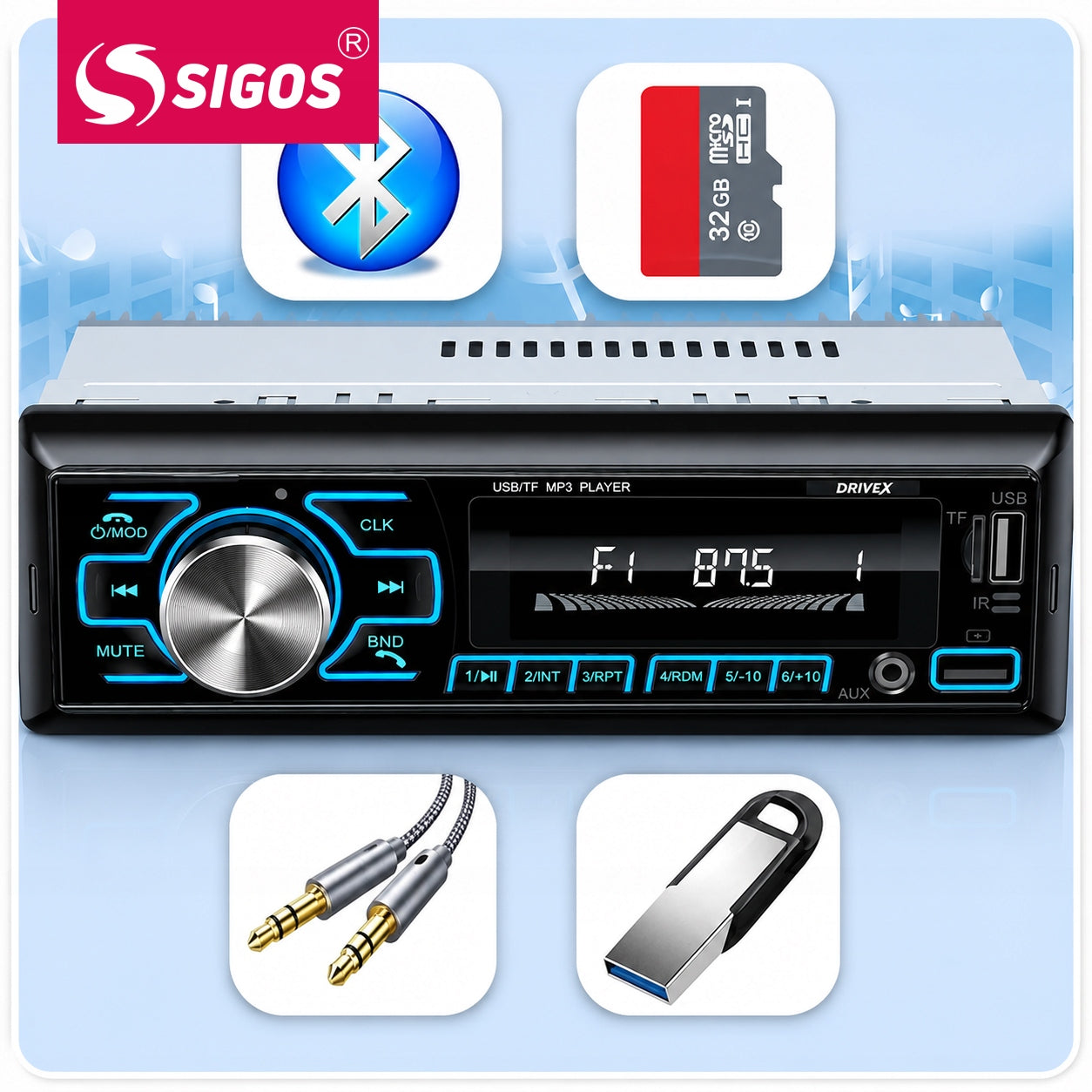 CAR RADIO BLUETOOTH USB MP3 AUX SD MICROPHONE REMOTE CONTROL BATTERY 6 COLORS Packaging status original
