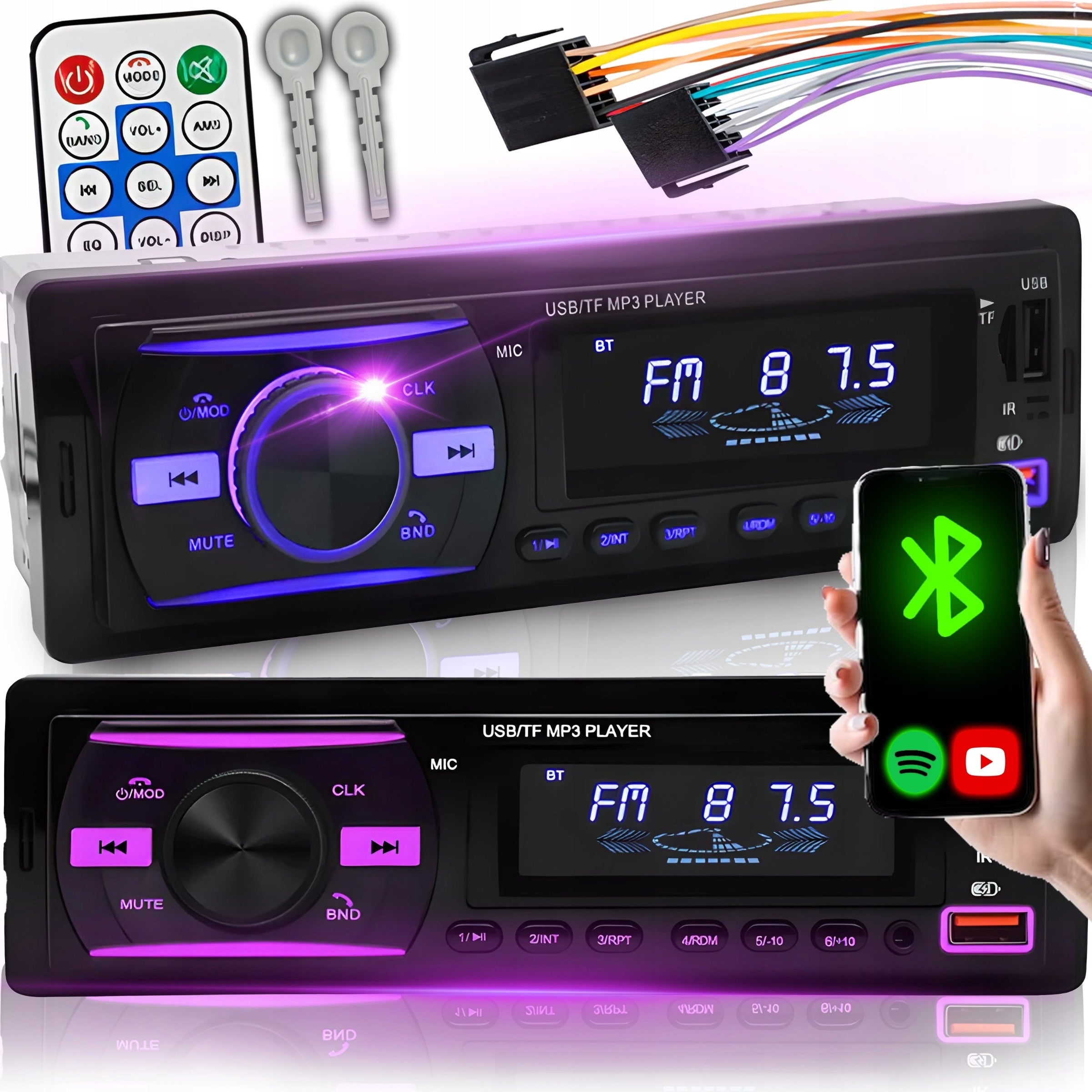 CAR RADIO BLUETOOTH USB MP3 AUX SD MICROPHONE REMOTE CONTROL BATTERY 6 COLORS Packaging status original