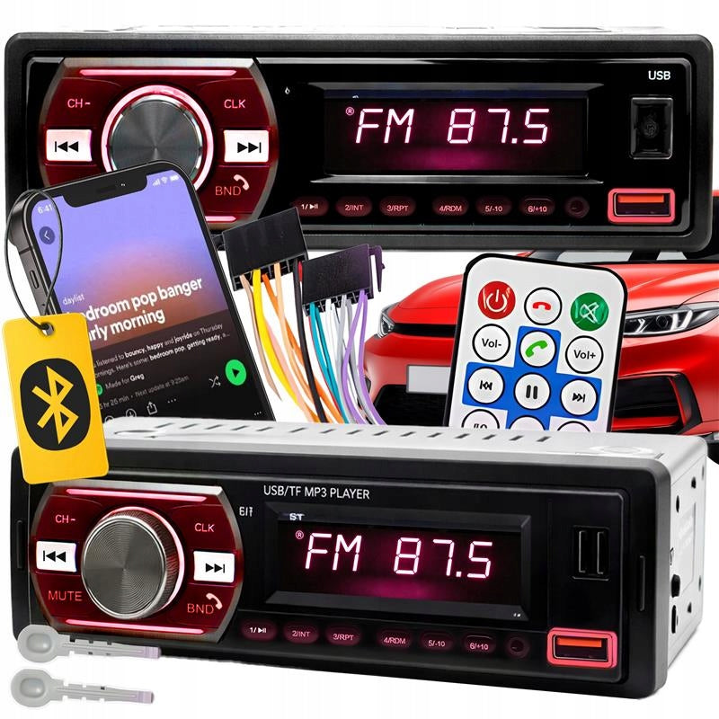 CAR RADIO BLUETOOTH USB MP3 AUX SD MICROPHONE REMOTE CONTROL BATTERY 6 COLORS