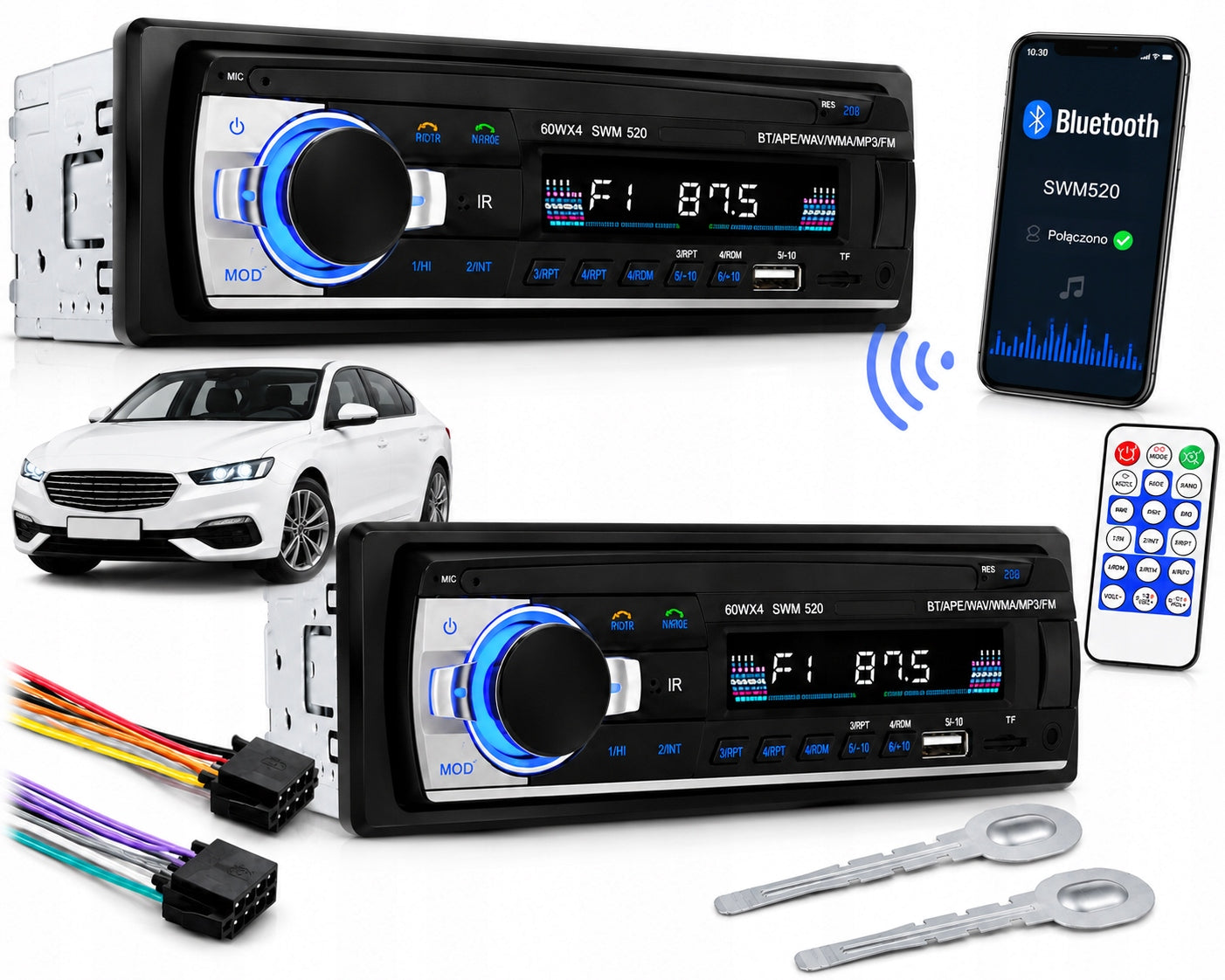 CAR RADIO BLUETOOTH USB SD MP3 AUX 1DIN SET + REMOTE CONTROL