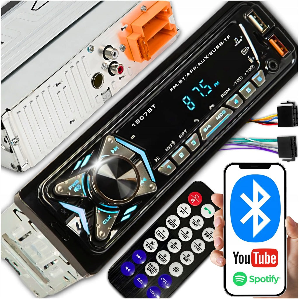 CAR RADIO USB AUX SD BLUETOOTH 1-DIN SET MICROPHONE REMOTE CONTROL BATTERY