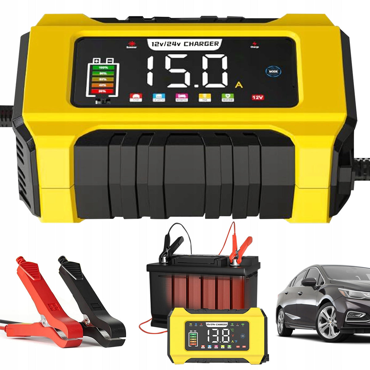 CAR RECTIFIER 12V 24V SMART LCD 9 CHARGING MODES