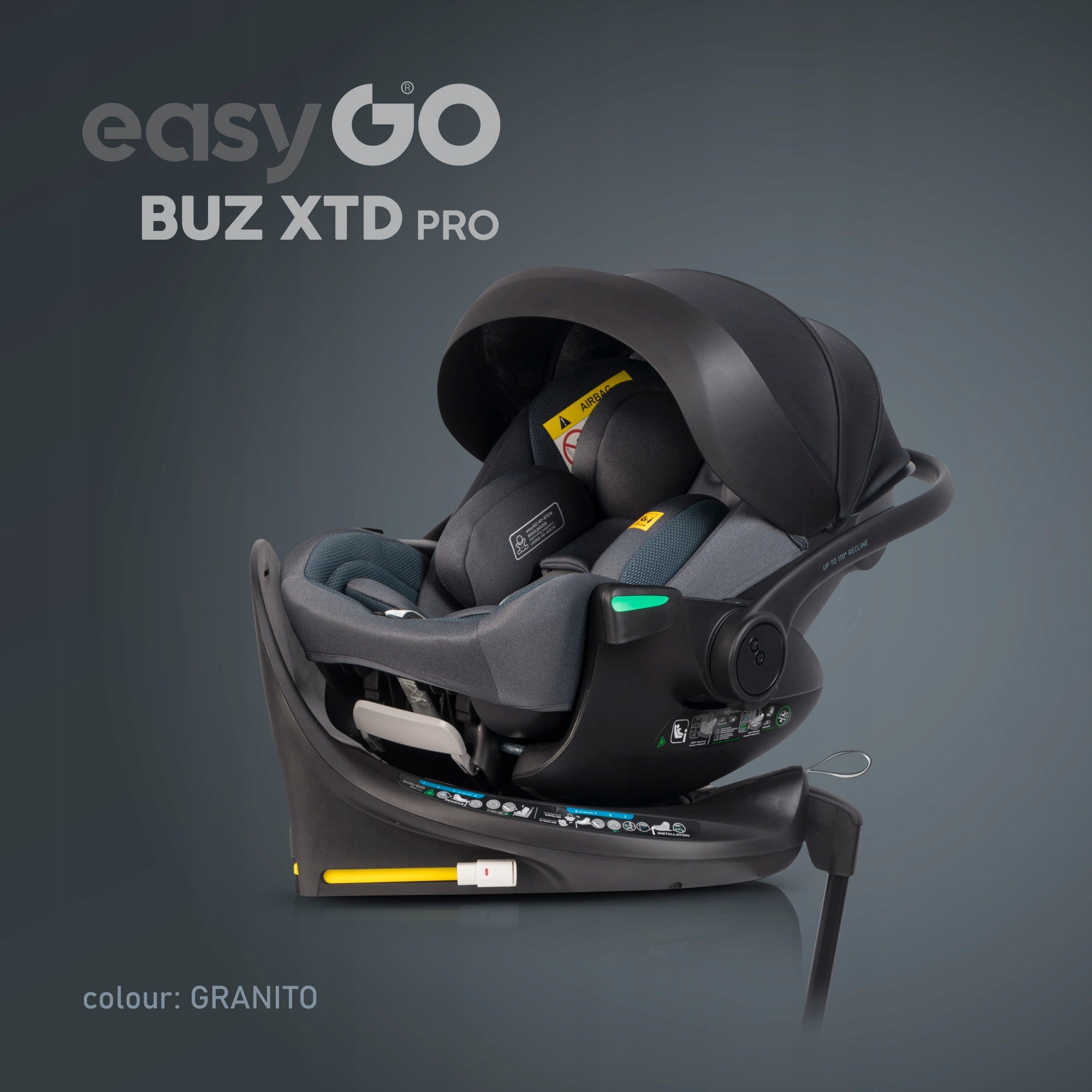 CAR SEAT SWIVEL BASE ISOFIX 270° i-SIZE 0-13 KG SIDE PROTECTION Manufacturer code EasyGo BUZ XTD PRO 0-13KG OBROTOWY ISOFIX 270