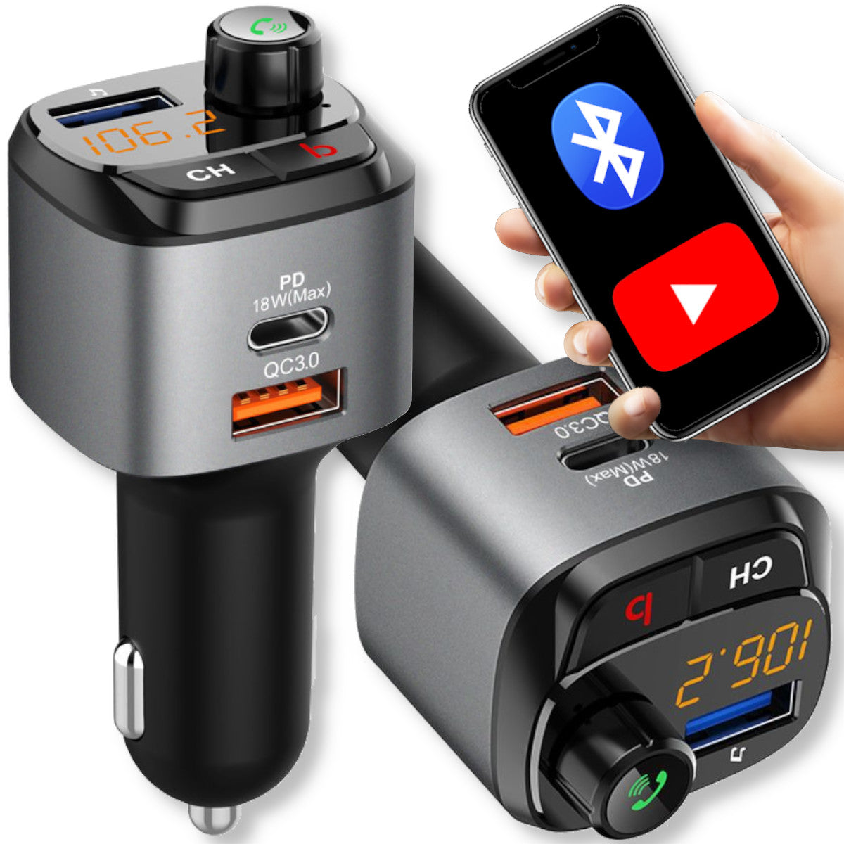 CAR TRANSMITTER FM BLUETOOTH KIT LOUD TALKING CHARGER QC 3.0