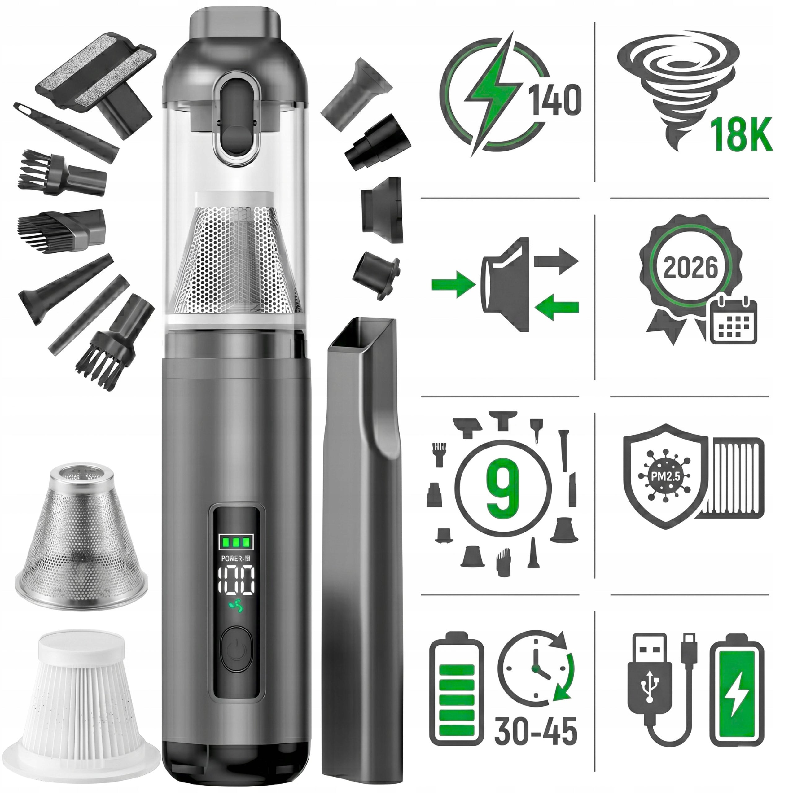 CAR VACUUM CLEANER CORDLESS HANDHELD 140W 18KPA CORDLESS POWERFUL Dominant color silver/gray