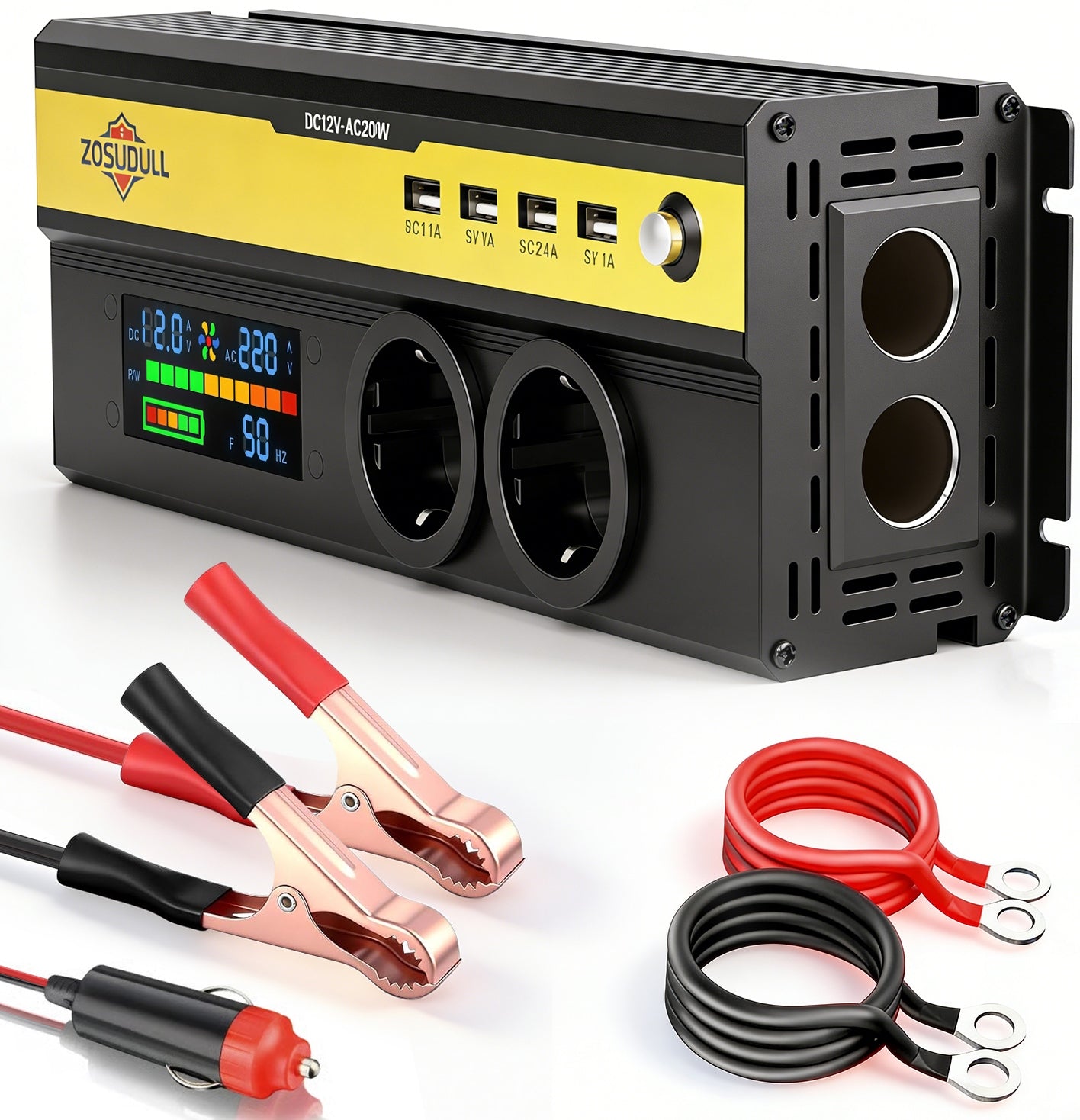 CAR VOLTAGE CONVERTER WITH LCD SCREEN 12V 230V 1250W 2500W + 4x USB