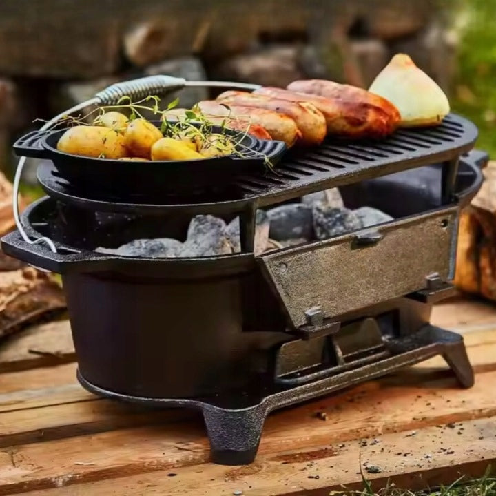 CARBON GRILL WITH CAST IRON GRATE GARDEN GRILL CAST IRON HIBACHI 43cm x 23cm Grill height 21 cm