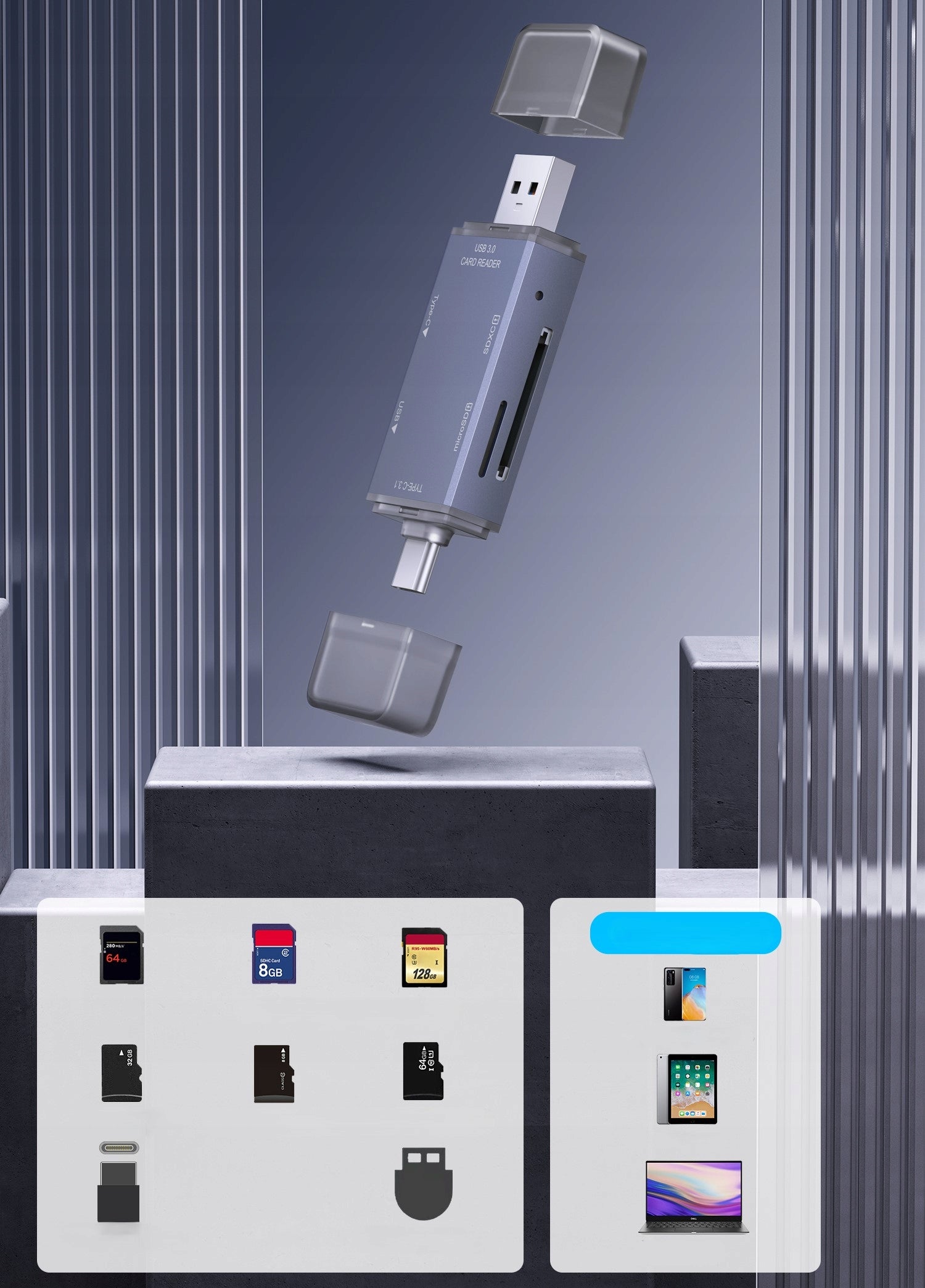 CARD READER SD TF MICROSD MEMORY USB-C USB 3.0 HUB ACTIVE ADAPTER 6IN1 Packaging status original