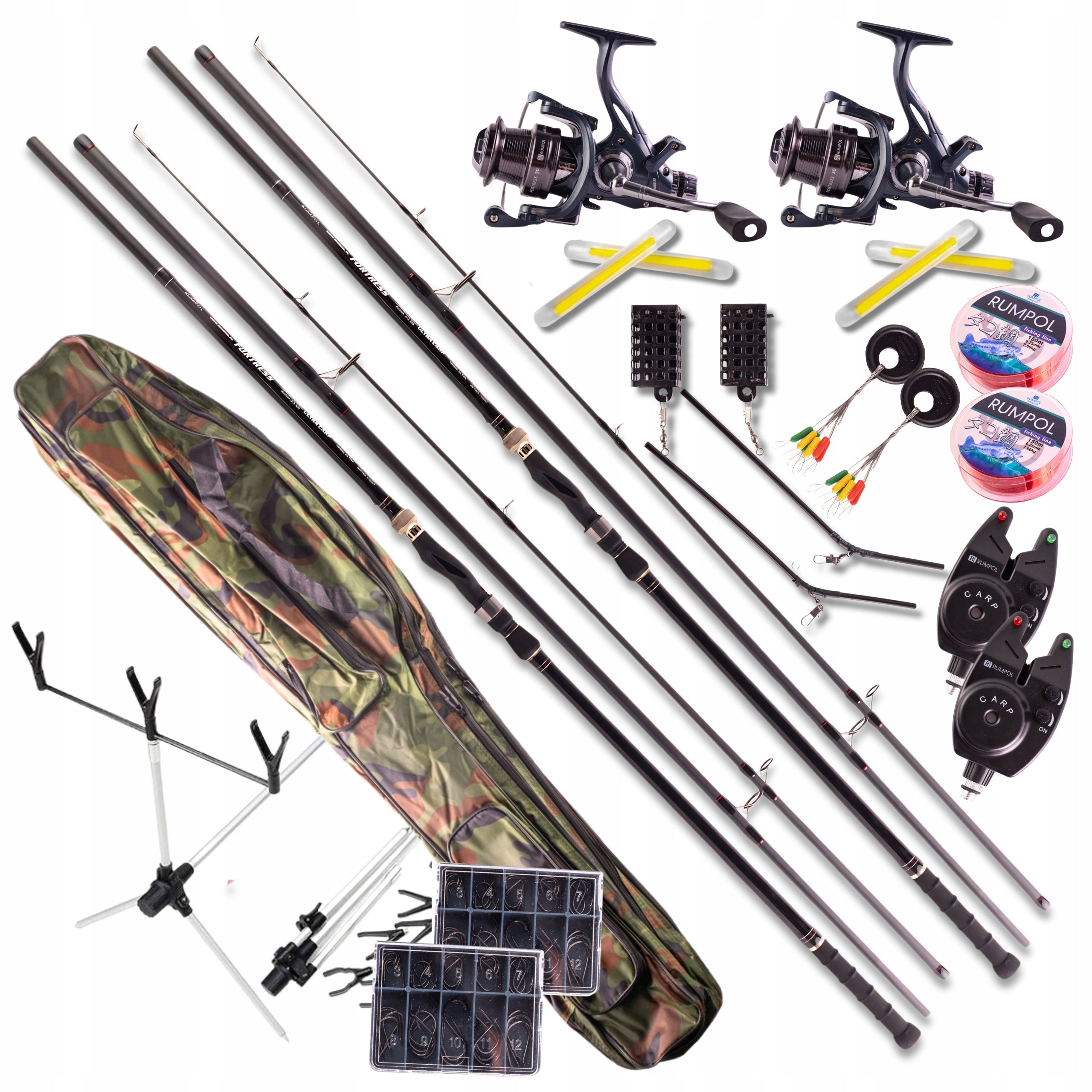 CARP FISHING SET 2X ROD 2X REEL STAND 2 BEACONS