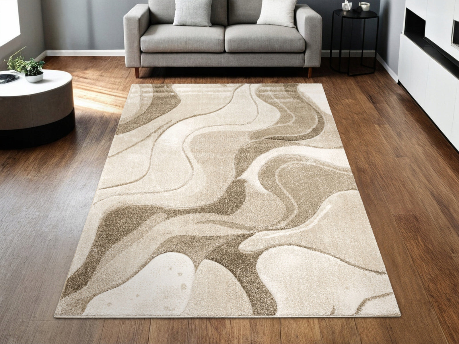 CARPET BROWN CASHMERE THICK DENSE SOFT WAVES LINES FOR LIVING ROOM KANDY 160x230 cm Length 230 cm