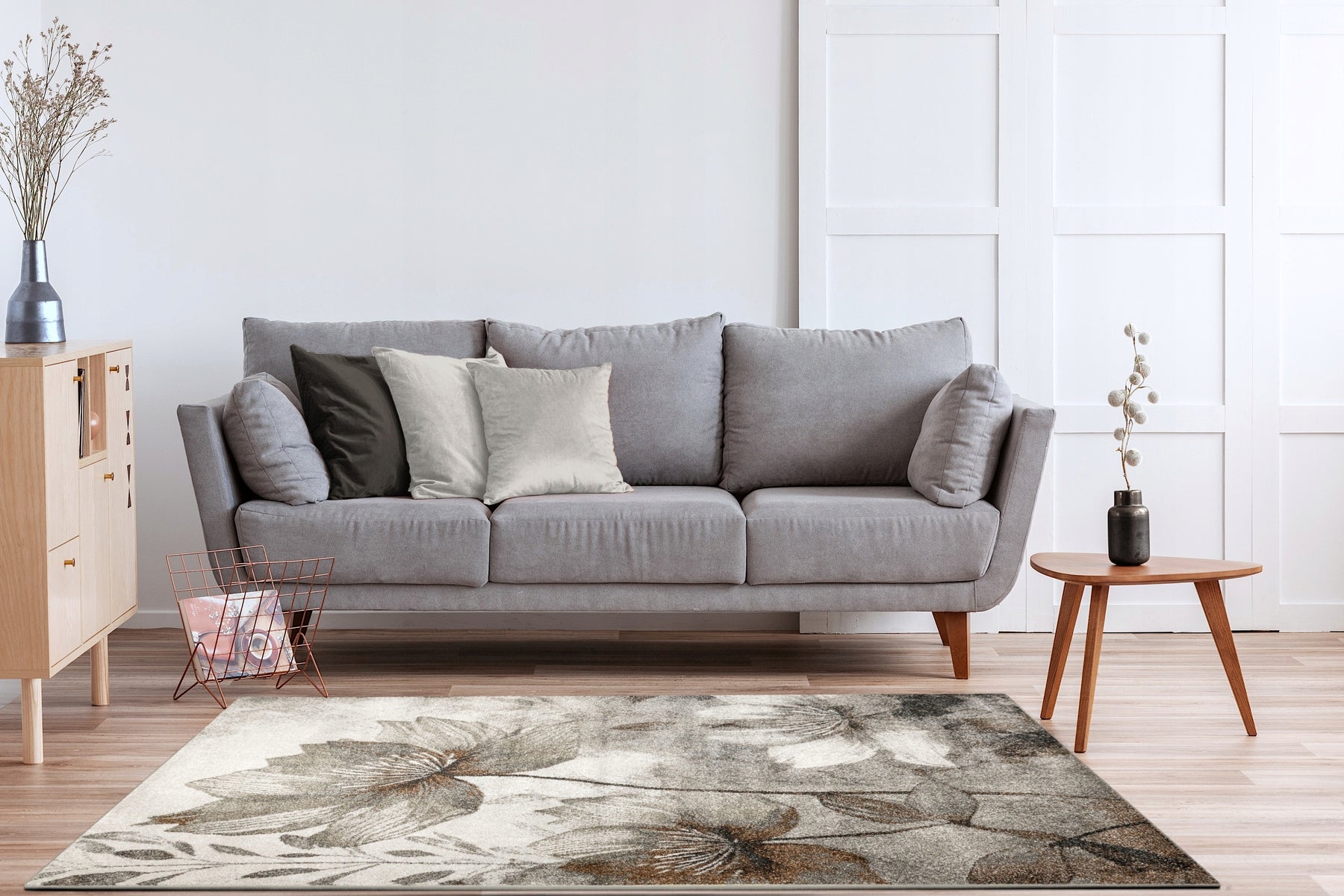 CARPET FLOWERS LEAVES MODERN BROWN GREY DENSE FOR ROOM PONTE 80x150 cm Length 150 cm