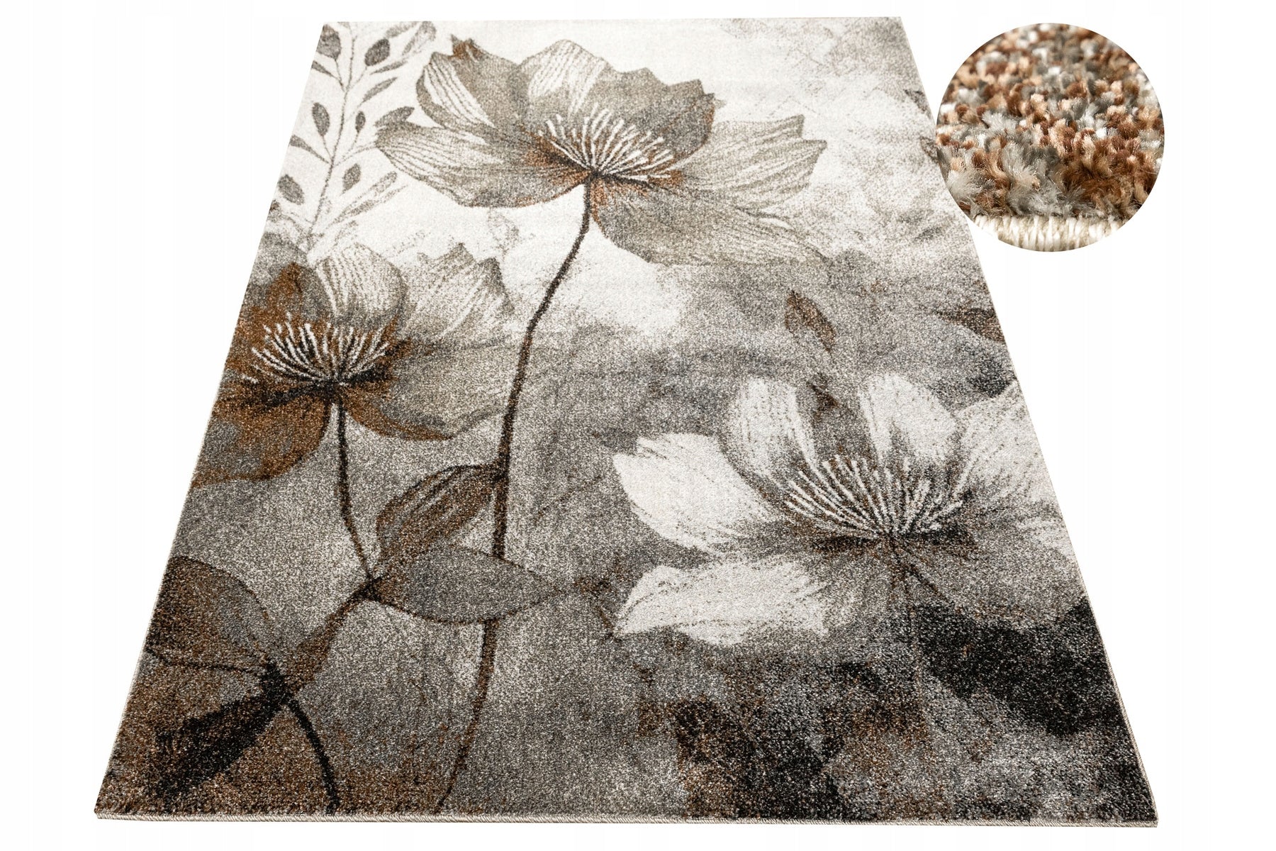 CARPET FLOWERS LEAVES MODERN BROWN GREY DENSE FOR ROOM PONTE 80x150 cm