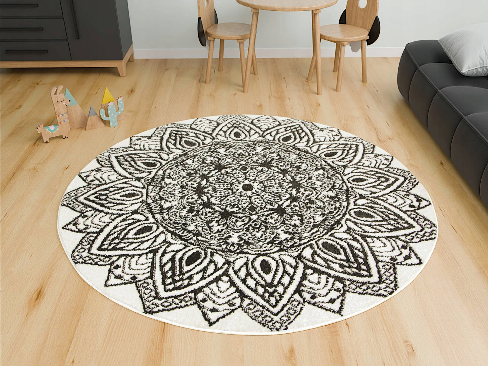 CARPET WHITE BLACK ROUND FOR LIVING ROOM BOHO MANDALA ROSETTE LIMA D. 100 cm Length 100 cm