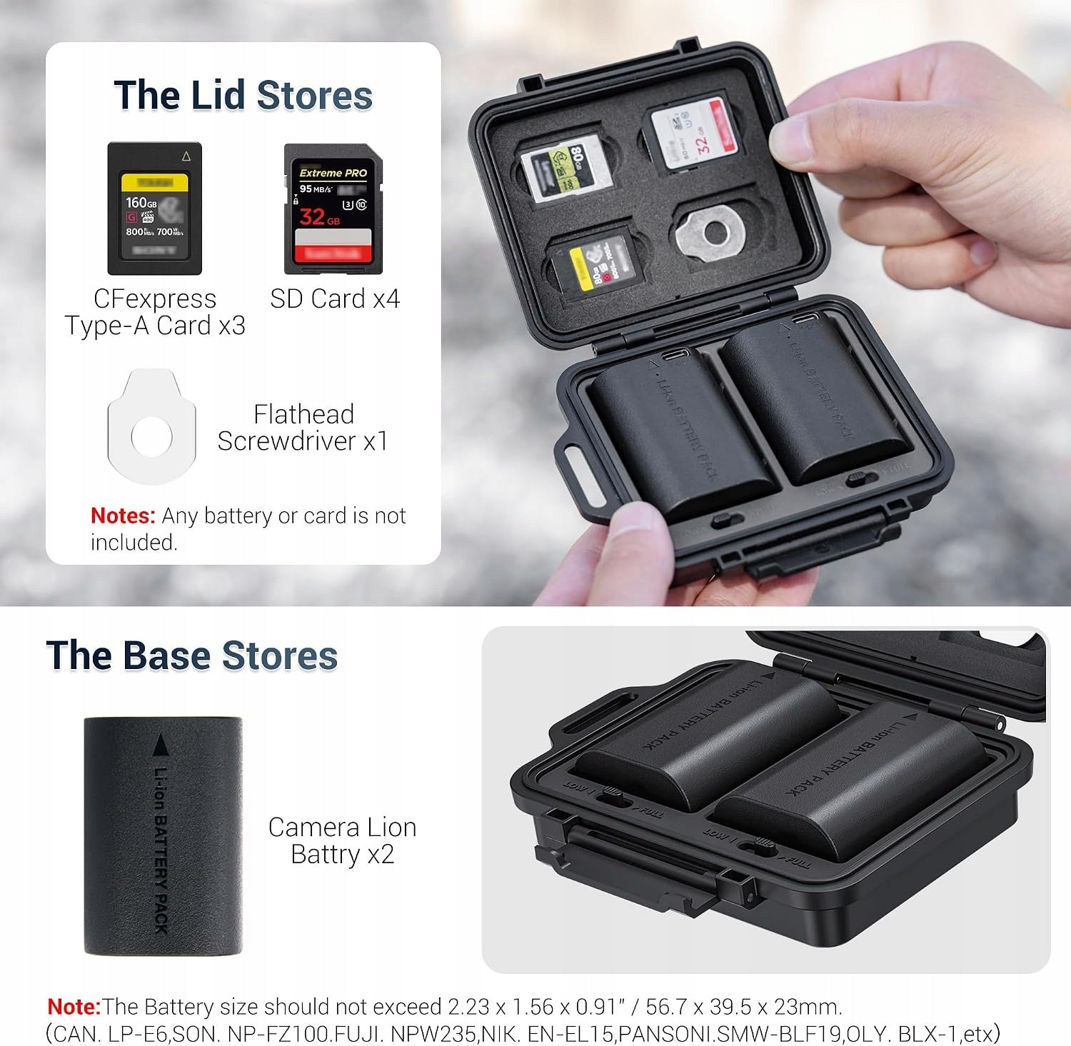 CASE FOR BATTERIES AND CARDS SD CFEXPRESS WATERPROOF IP67 STORAGE Model Przenośna bateria aparatu etui do przechowywania k