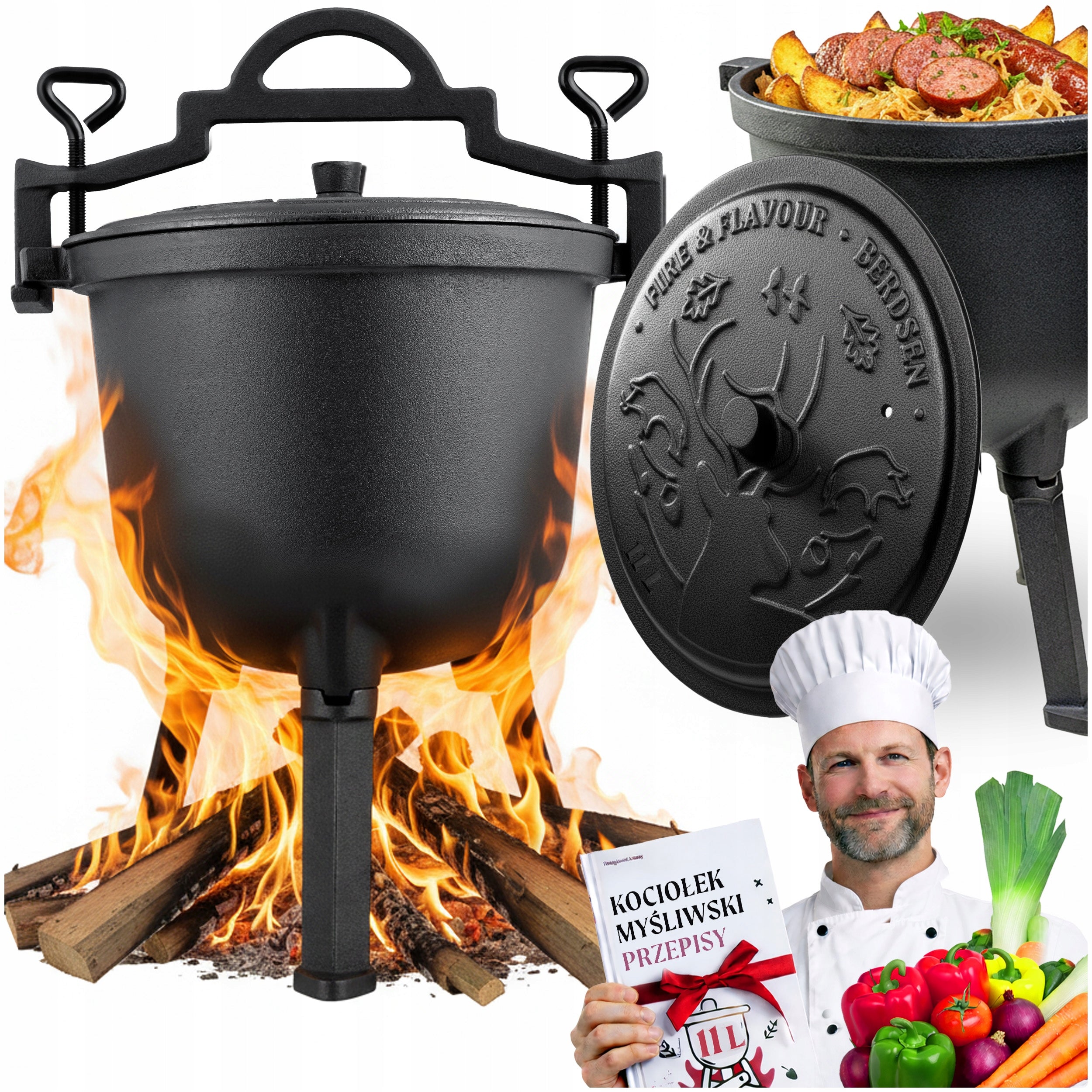CAST IRON BOILER 11l HUNTING POT roasts for bonfire grill + RECIPES