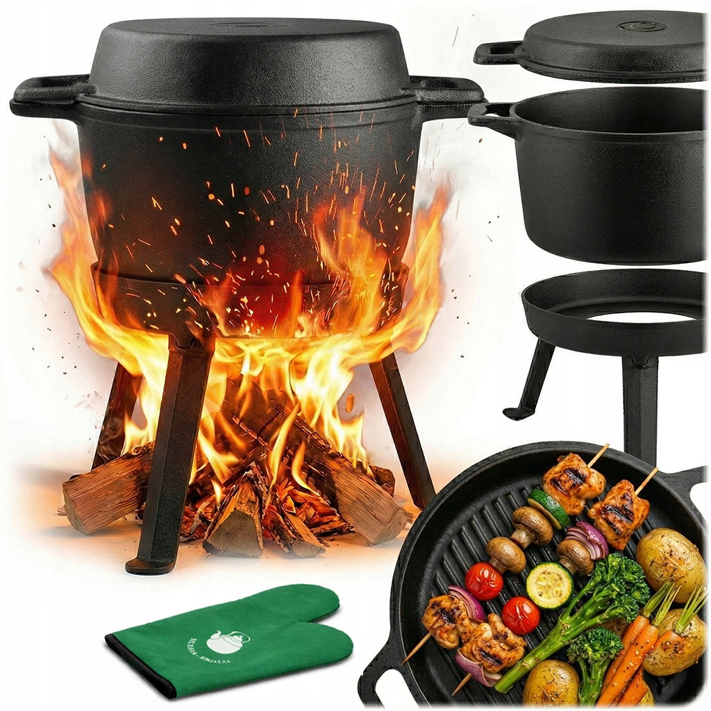 CAST IRON BOILER 3IN1 10L cast iron pot + GRILL PAN + GLOVE freebie