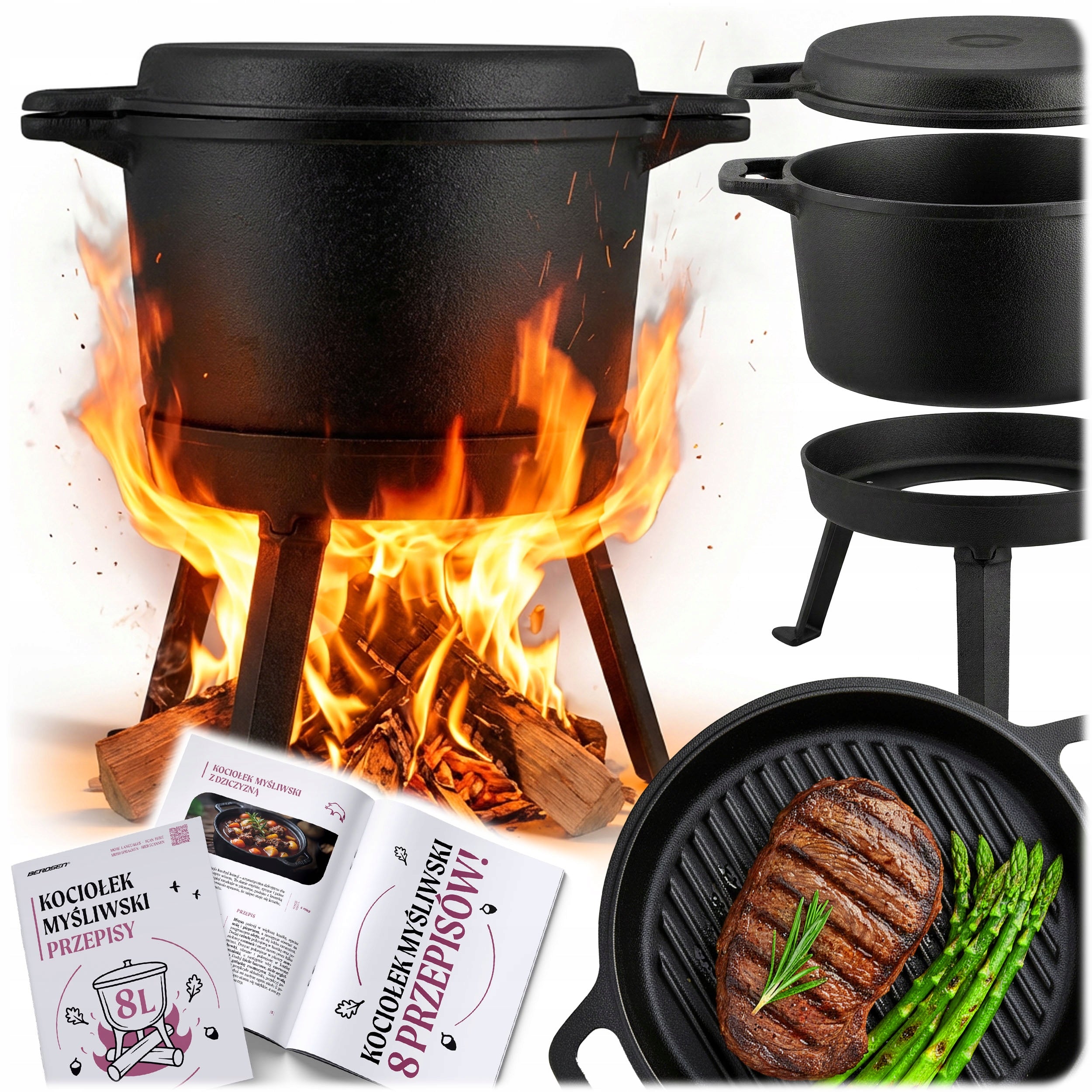 CAST IRON BOILER DISMANTLED 8L pot + GRILL PAN + RECIPES freebie