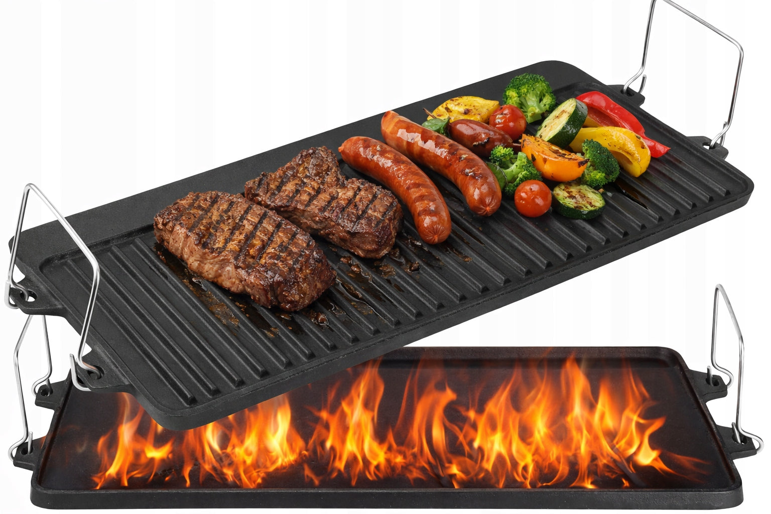 CAST IRON DOUBLE-SIDED GRILL GRATE 52 x 25cm Grill Pan for Fire Pit