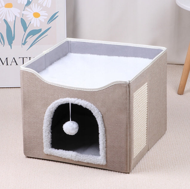 CAT BED BOOTH COTTAGE FOLDING SCRATCHING POST WITH BALL FOR PLAY BEIGE Manufacturer code 639722