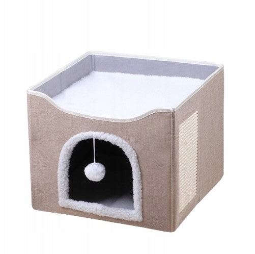 CAT BED BOOTH COTTAGE FOLDING SCRATCHING POST WITH BALL FOR PLAY BEIGE