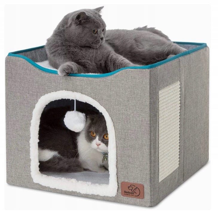 CAT BED BOOTH COTTAGE FOLDING SCRATCHING POST WITH BALL FOR PLAY GREY