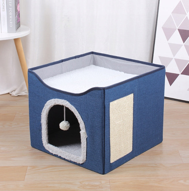 CAT BED BOOTH COTTAGE FOLDING SCRATCHING POST WITH BALL FOR PLAY NAVY BLUE Manufacturer code 639685