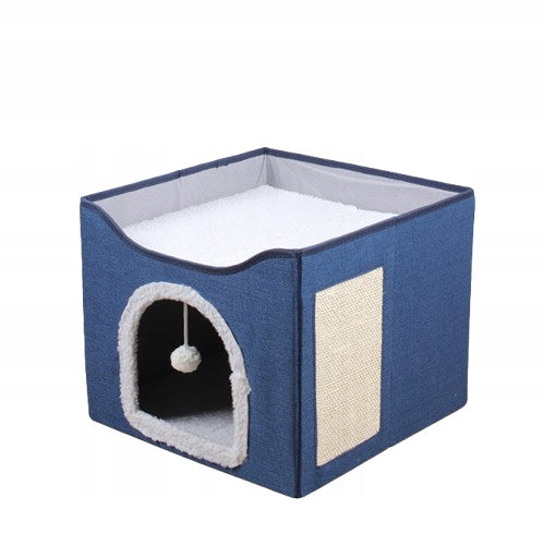 CAT BED BOOTH COTTAGE FOLDING SCRATCHING POST WITH BALL FOR PLAY NAVY BLUE
