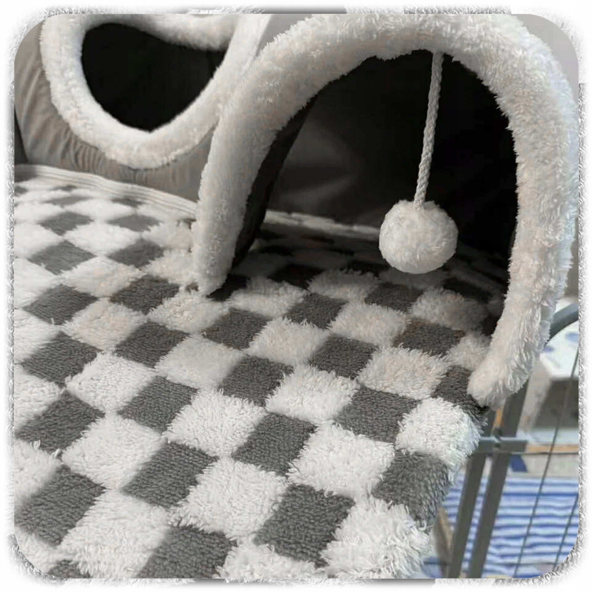 CAT BED WITH TUNNEL 2IN1 PLUSH CHESSBOARD GREY XXL 86x70x26 Length 86 cm
