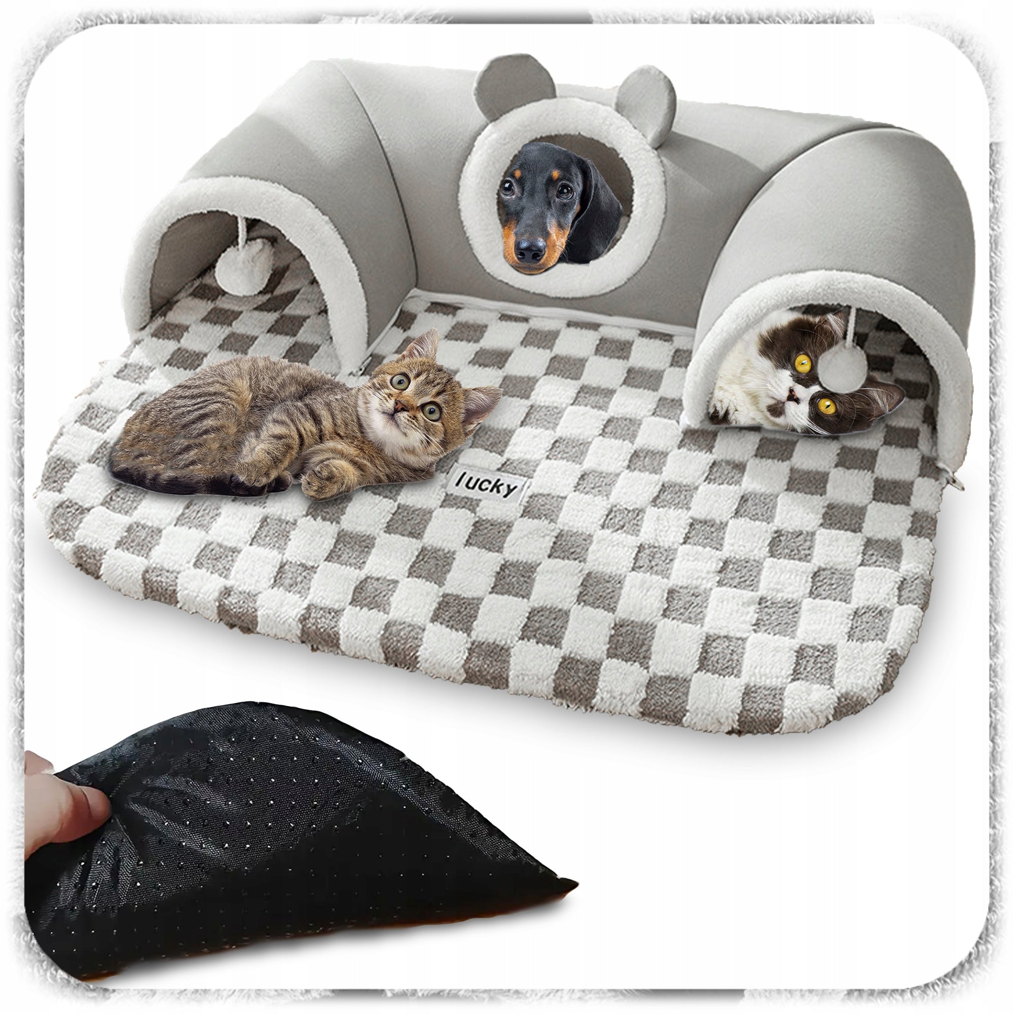 CAT BED WITH TUNNEL 2IN1 PLUSH CHESSBOARD GREY XXL 86x70x26 Packaging status original