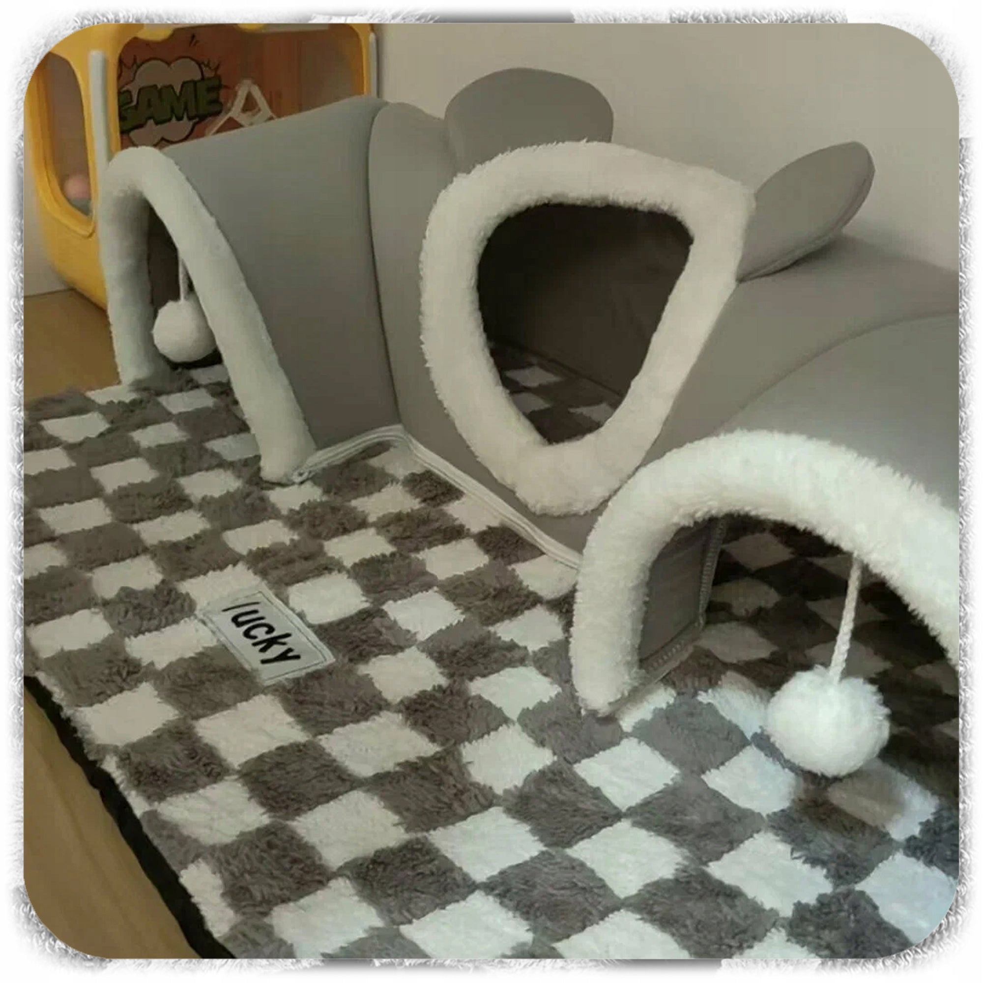 CAT BED WITH TUNNEL 2IN1 PLUSH CHESSBOARD GREY XXL 86x70x26 Product width 70 cm