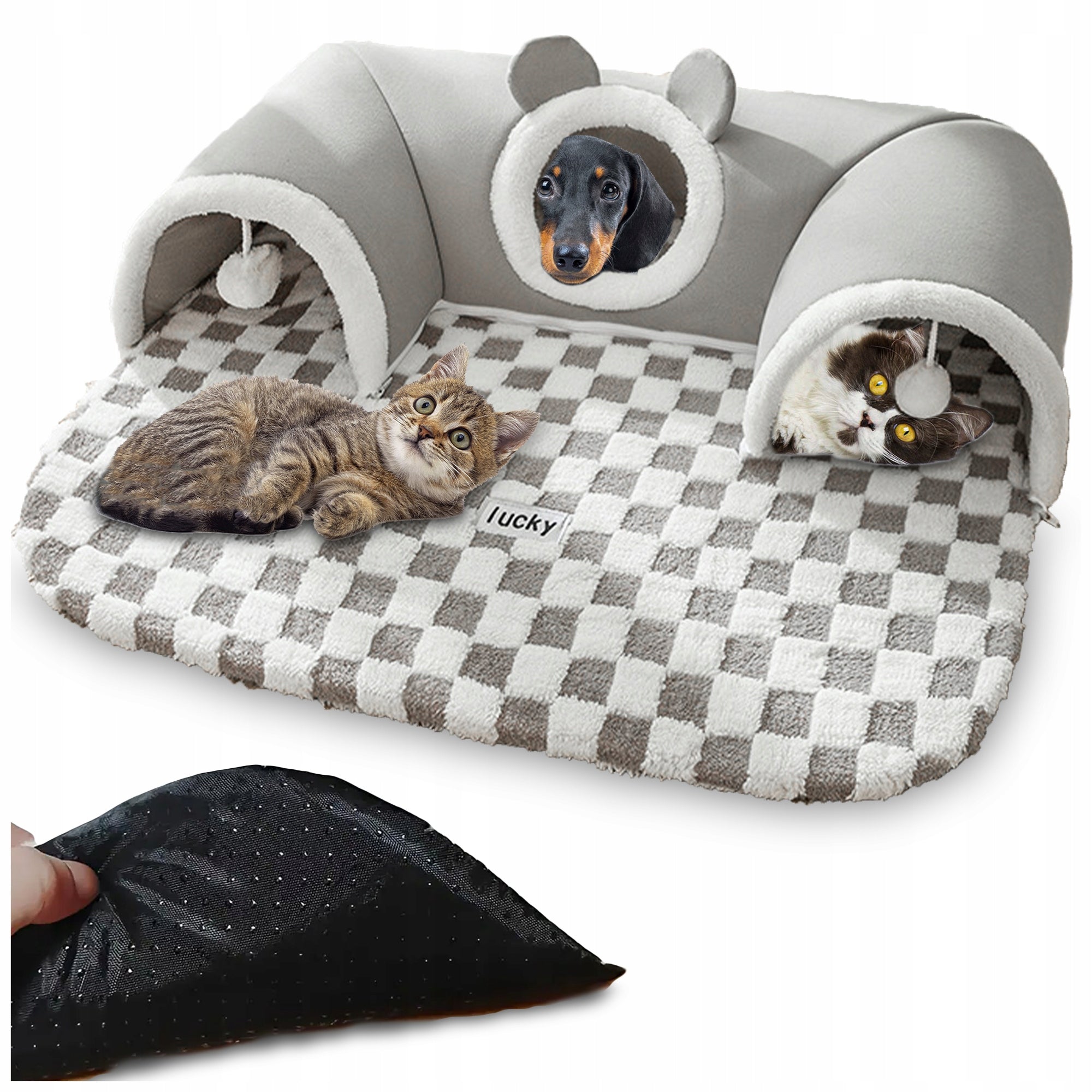 CAT BED WITH TUNNEL 2IN1 PLUSH CHESSBOARD GREY XXL 86x70x26