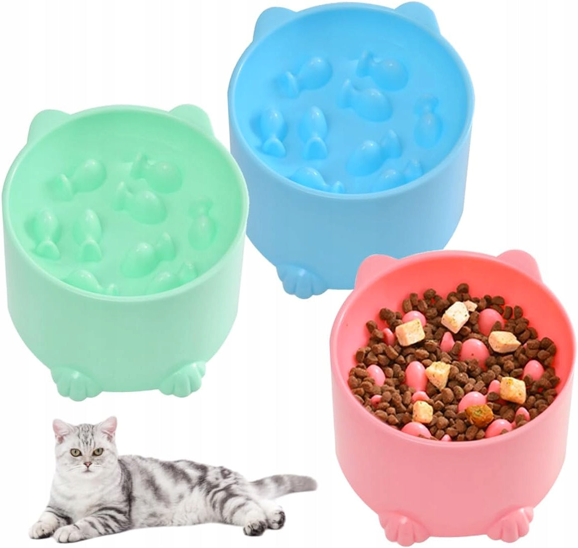 CAT BOWL RAISED SLOW FEEDER 3 PIECES IN COLORS