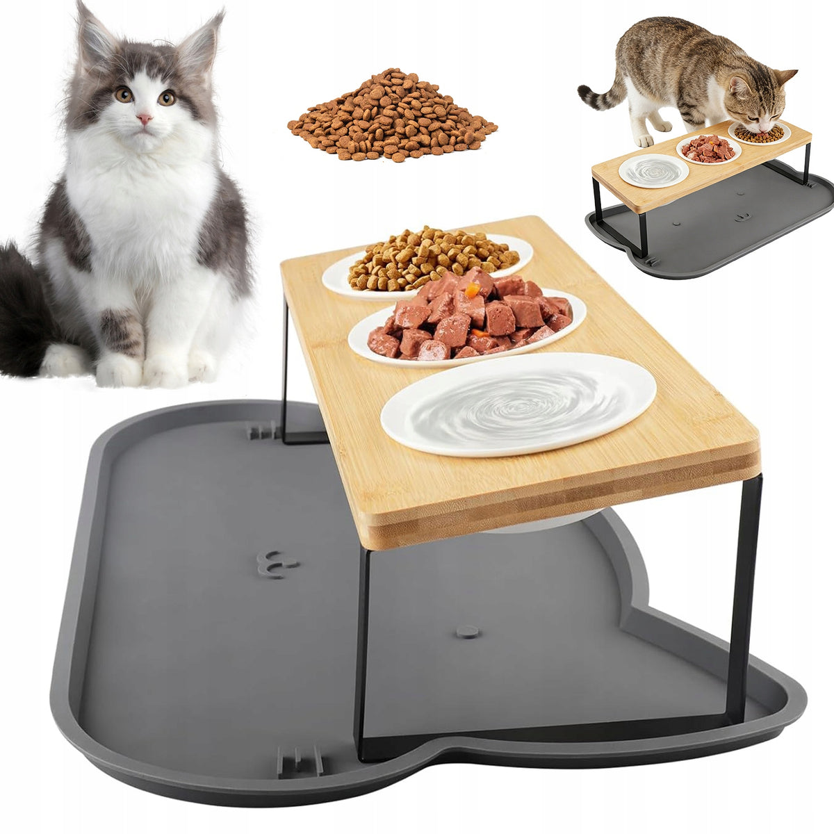 CAT BOWL SET, 3IN1, 15° RAISED FOOD BOWL, WATER BOWL