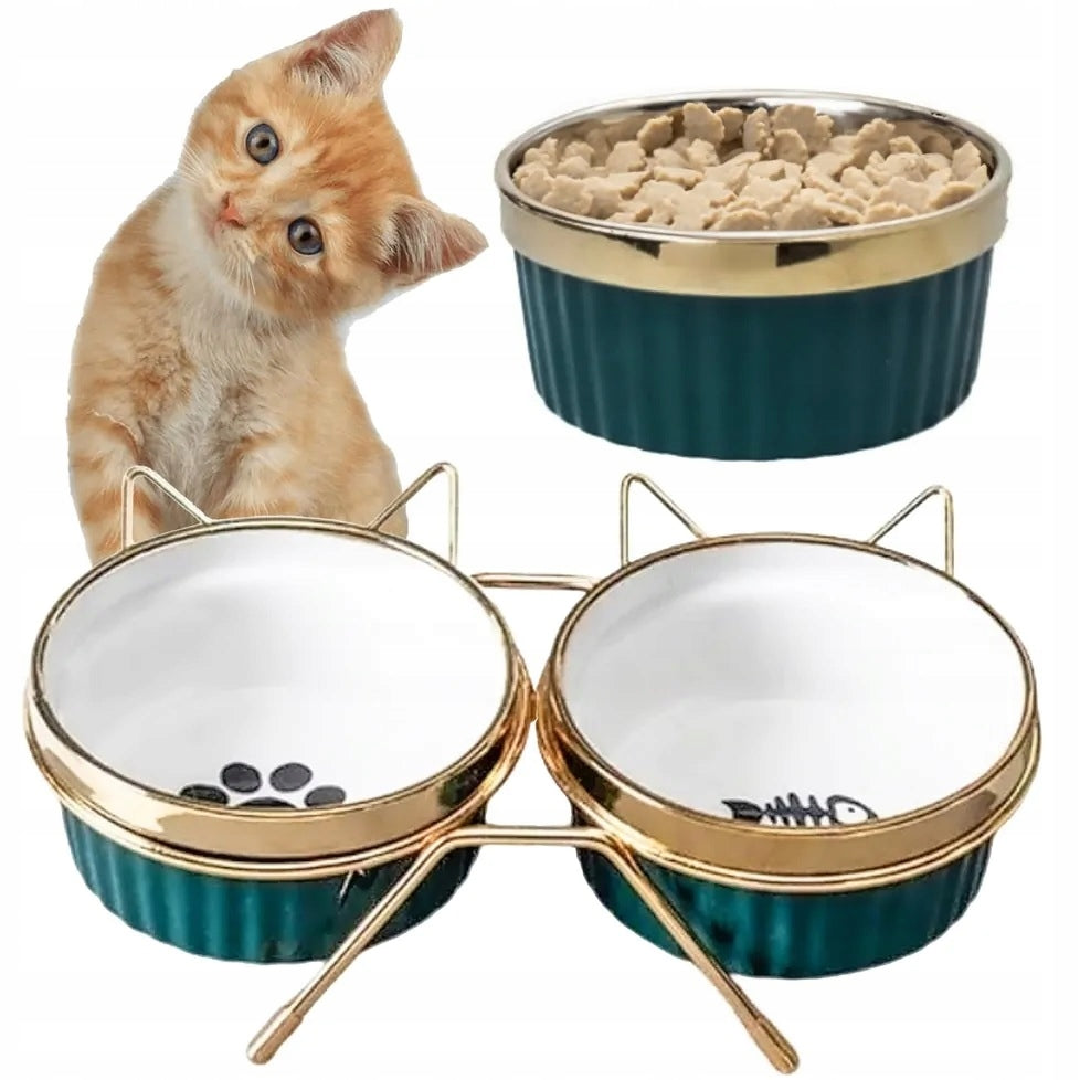 CAT BOWLS DOG DOUBLE CERAMIC BOWL ON STAND 2x300ML BOWLS