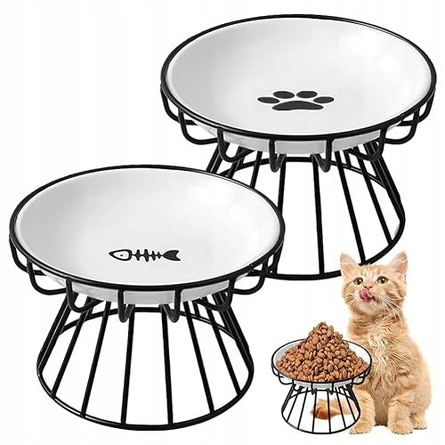 CAT BOWLS ELEVATED CERAMIC SET 2 METAL STAND FOR HOME