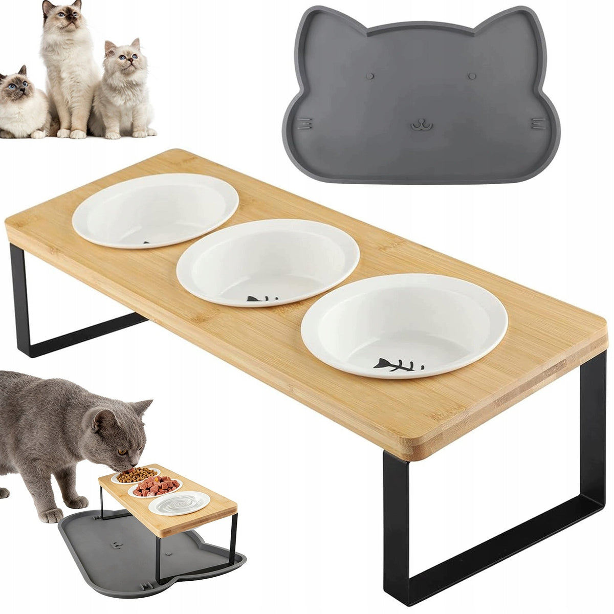 CAT BOWLS FEEDING STATION 3 CERAMIC BOWLS FEEDER HIGH QUALITY