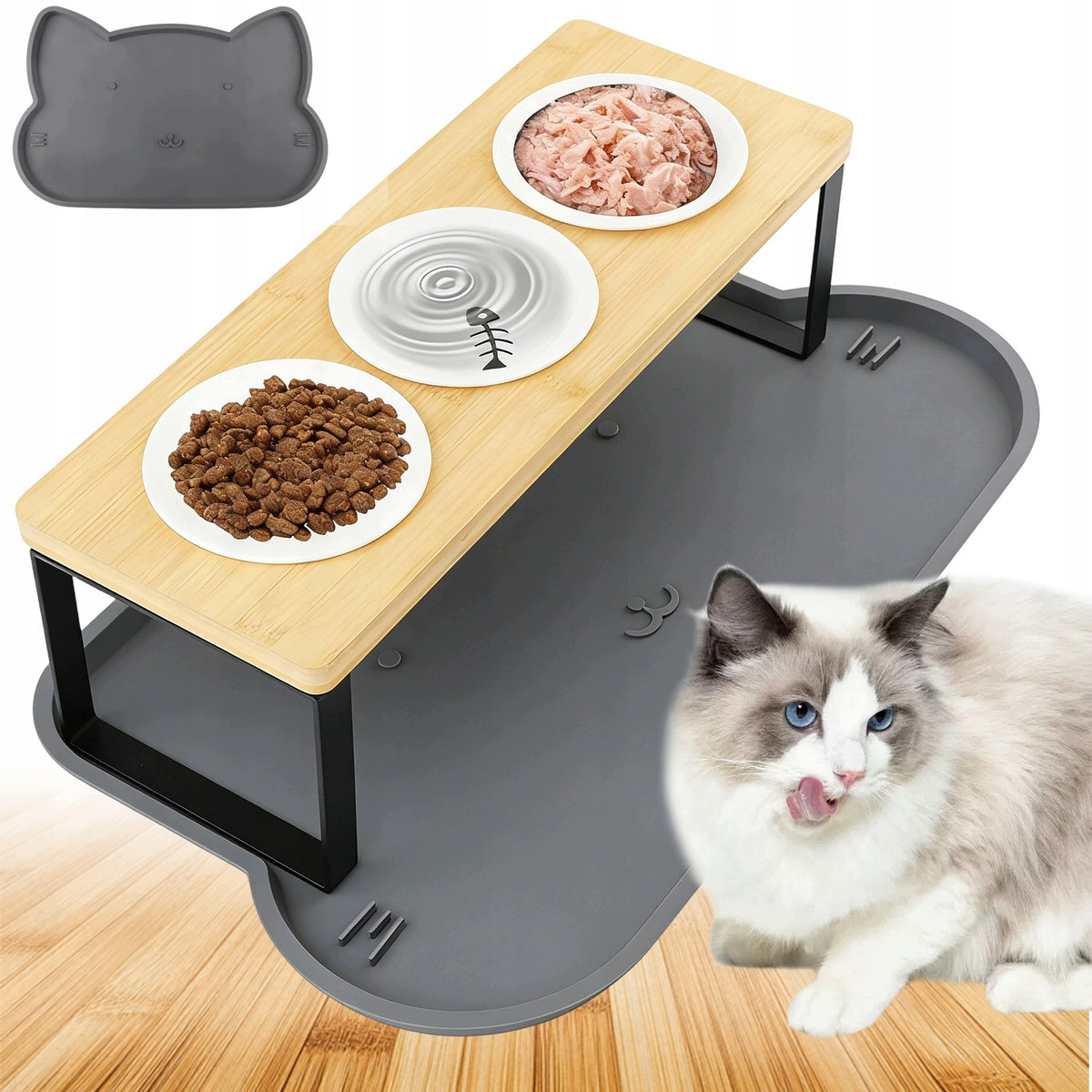 CAT BOWLS FEEDING STATION 3 CERAMIC BOWLS PRACTICAL FEEDER