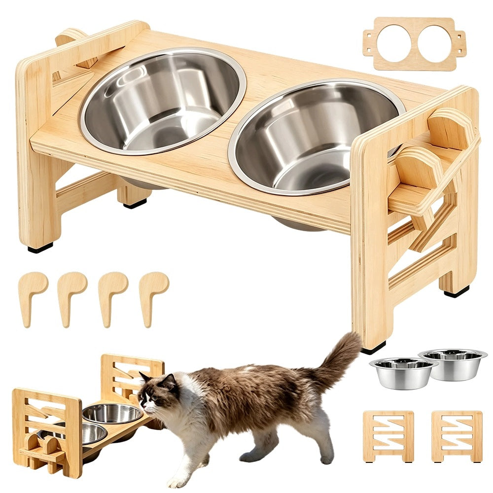 CAT BULLDOG PUG BOWL STAND ADJUSTABLE WOODEN