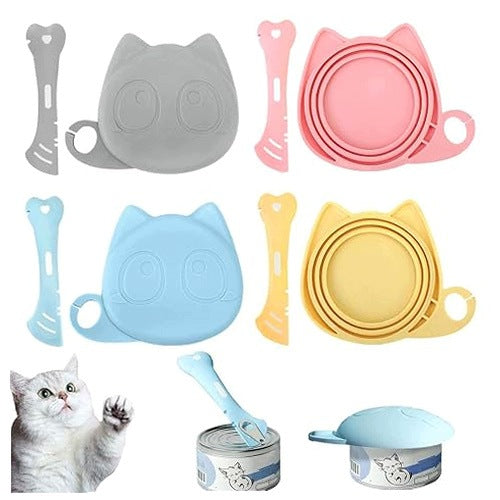CAT CAN LIDS WITH SPOON PLASTIC SET OF 8 PIECES GIFT