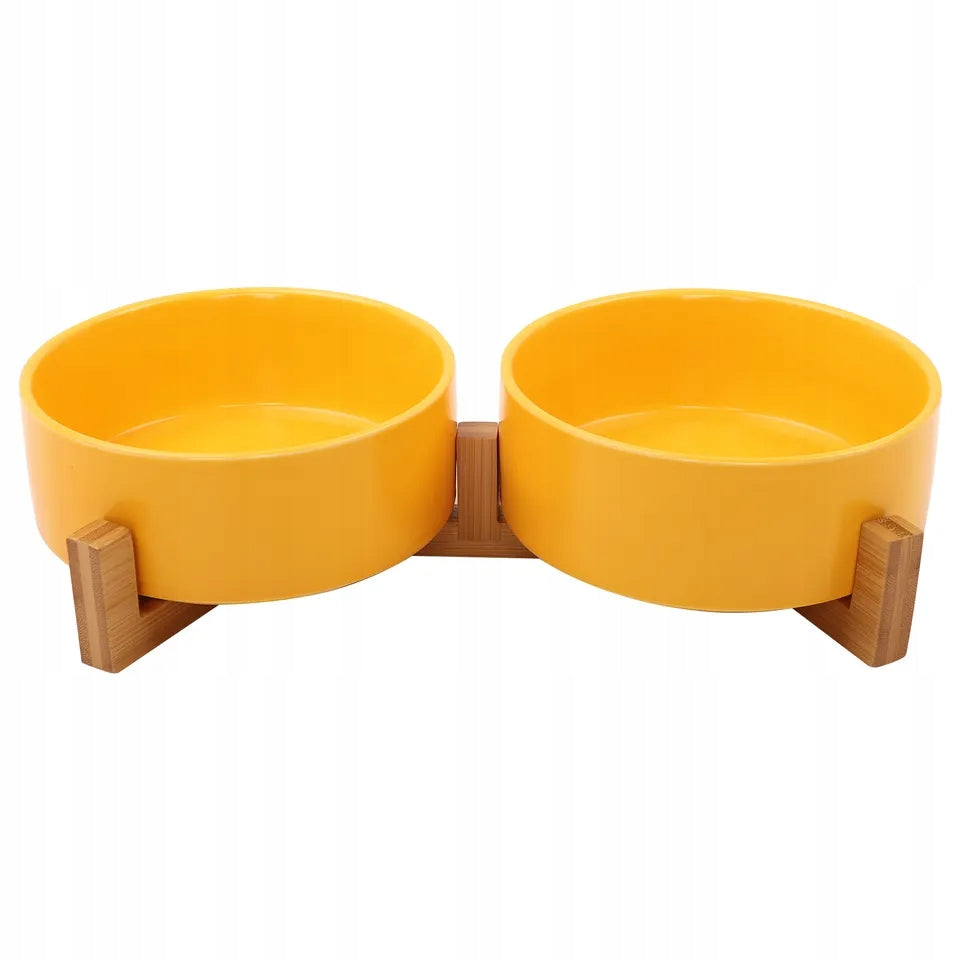 CAT DOG BOWL DOUBLE CERAMIC 2 x 400ml ON STAND YELLOW
