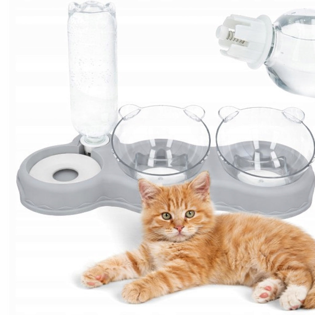 CAT DOG BOWL DOUBLE FOOD SET WITH WATER DISPENSER WATER BOTTLE