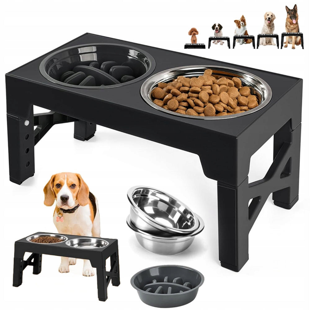 CAT DOG BOWL FOR DOUBLE FOOD ON STAND ADJUSTABLE METAL BOWLS