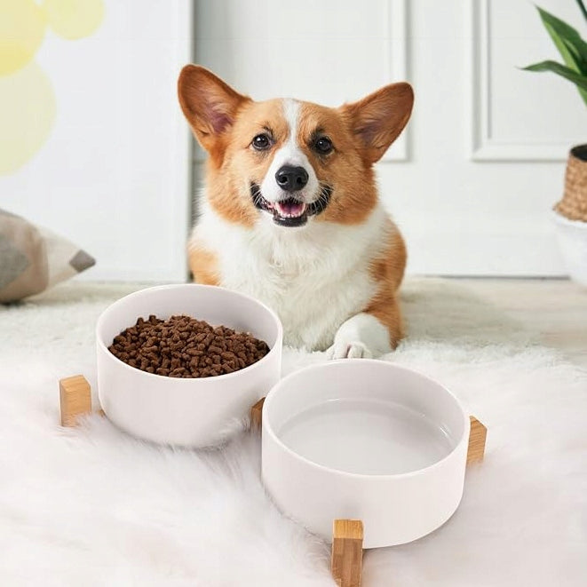 CAT DOG BOWLS DOUBLE ON BAMBOO STAND CERAMIC WHITE SET Brand Tutumi