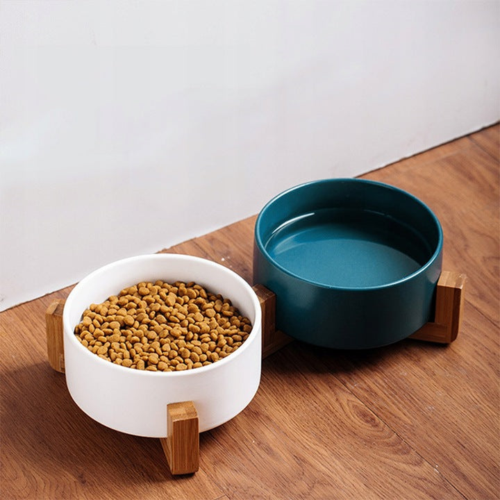 CAT DOG BOWLS DOUBLE ON BAMBOO STAND CERAMIC WHITE SET Trade name 331579